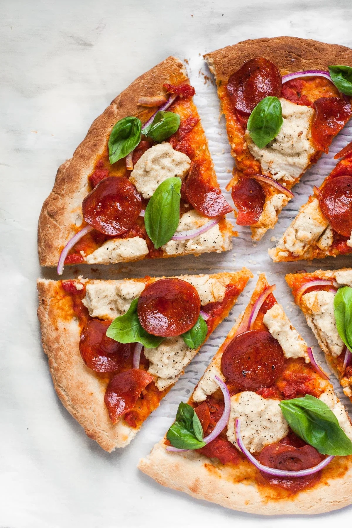 Overhead image of Paleo pizza slices