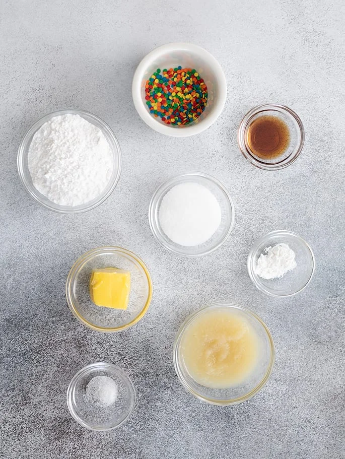 Overhead image of vanilla mug cake ingredients