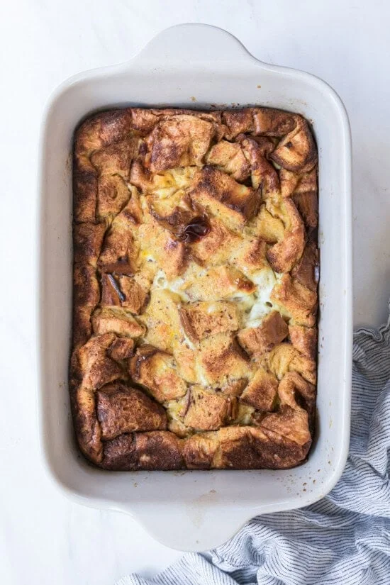 Overhead view of a baked creme brulee French toast casserole.
