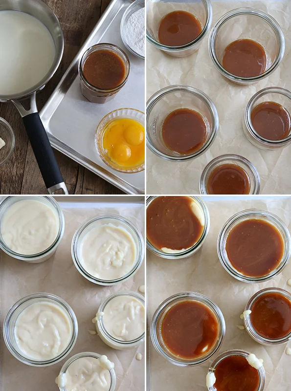 Overhead view of butterscotch pudding being made