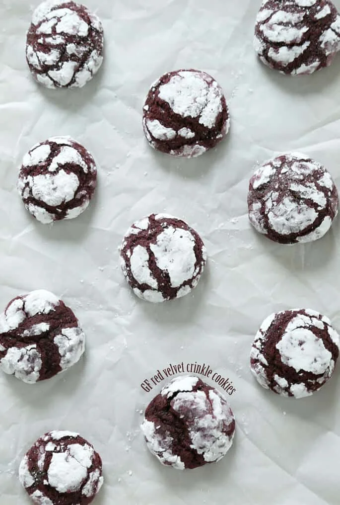 Overhead view of crinkle cookies on white surface