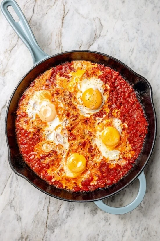 Overhead view of eggs in purgatory in skillet