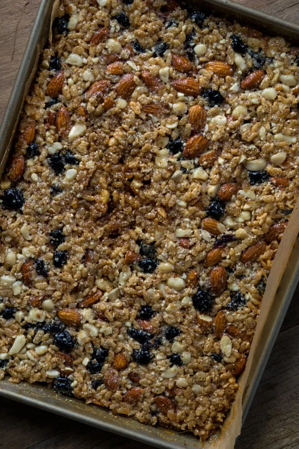 Overhead view of granola on metal tray