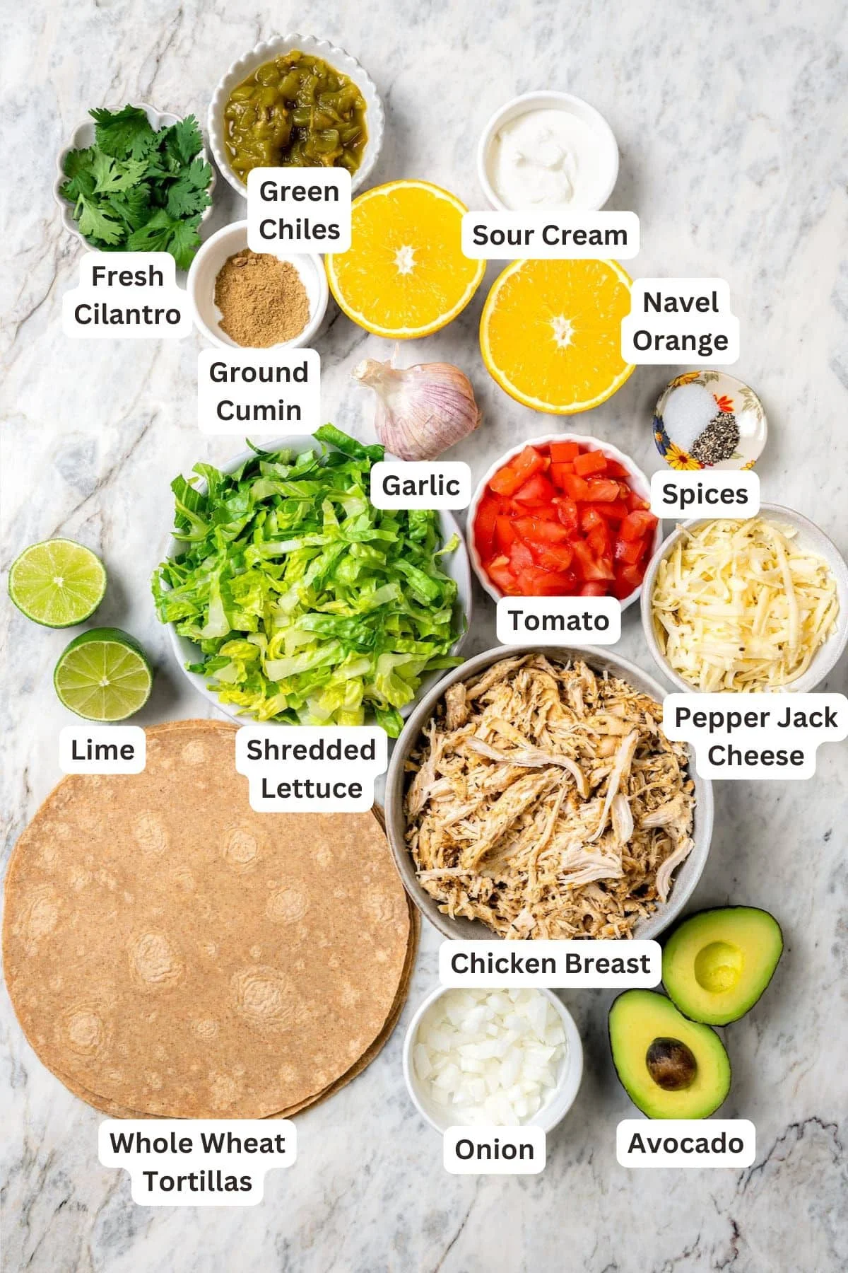 Overhead view of ingredients for chicken chimichangas