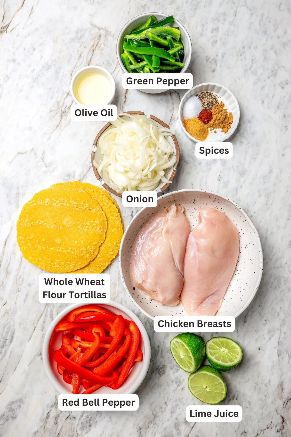 Overhead view of ingredients for chicken fajitas