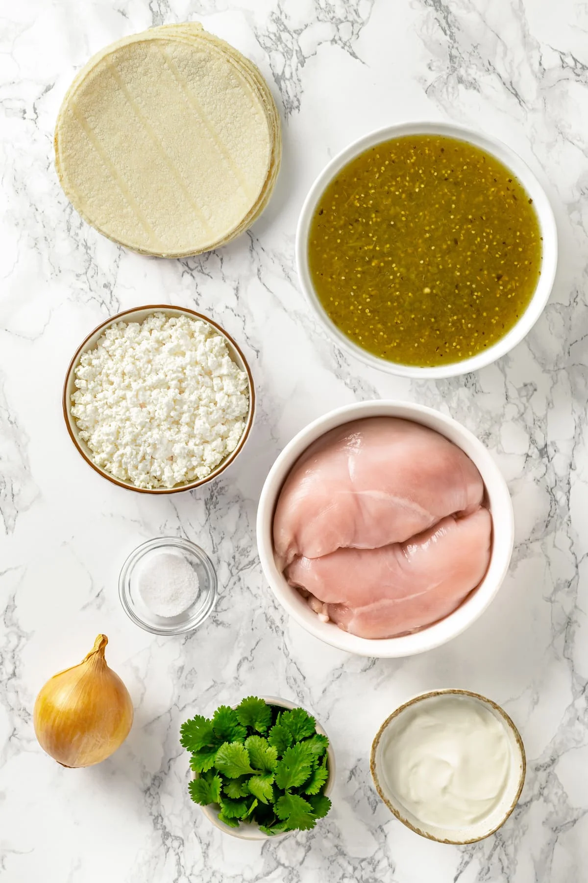 Overhead view of ingredients needed to make enchiladas verdes