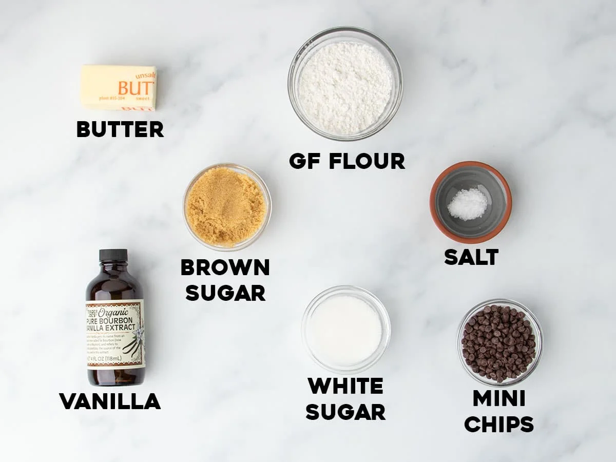 Overhead view of labeled ingredients for the  dough.