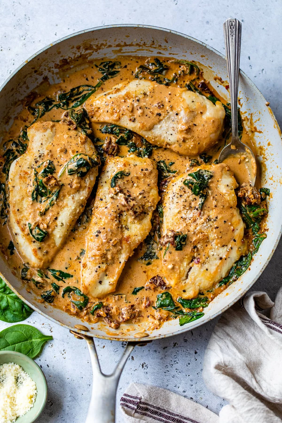 Overhead view of Marry Me Chicken in a skillet.