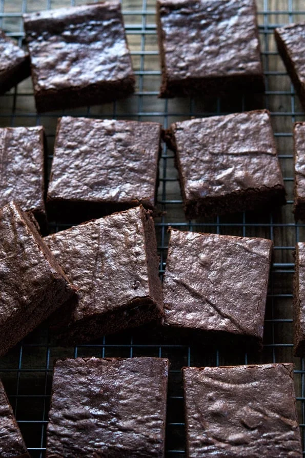 Overhead view of metal tray with brownies
