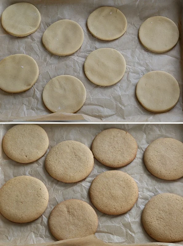 Overhead view of moon pie cookie dough and moon pie cookies.