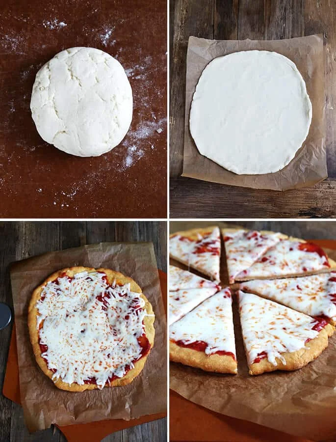 Overhead view of pizza dough and pizza pie on brown surface 