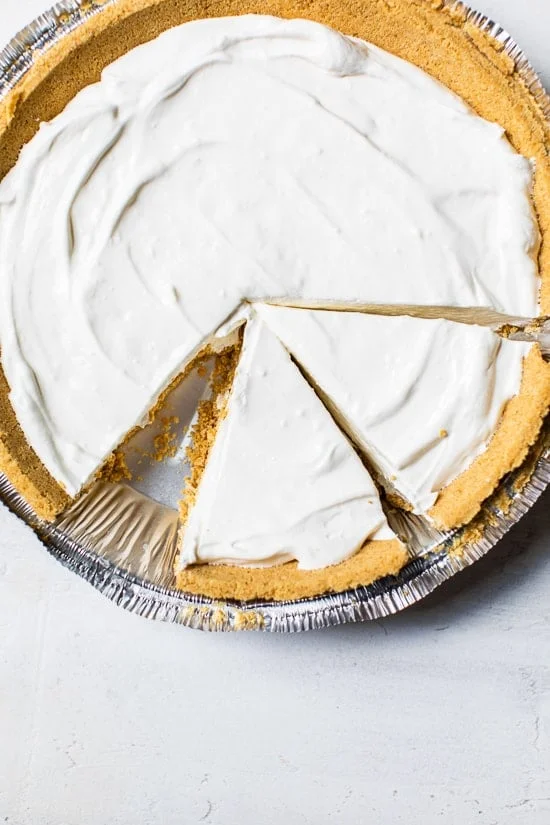 Overhead view of sliced no-bake cheesecake