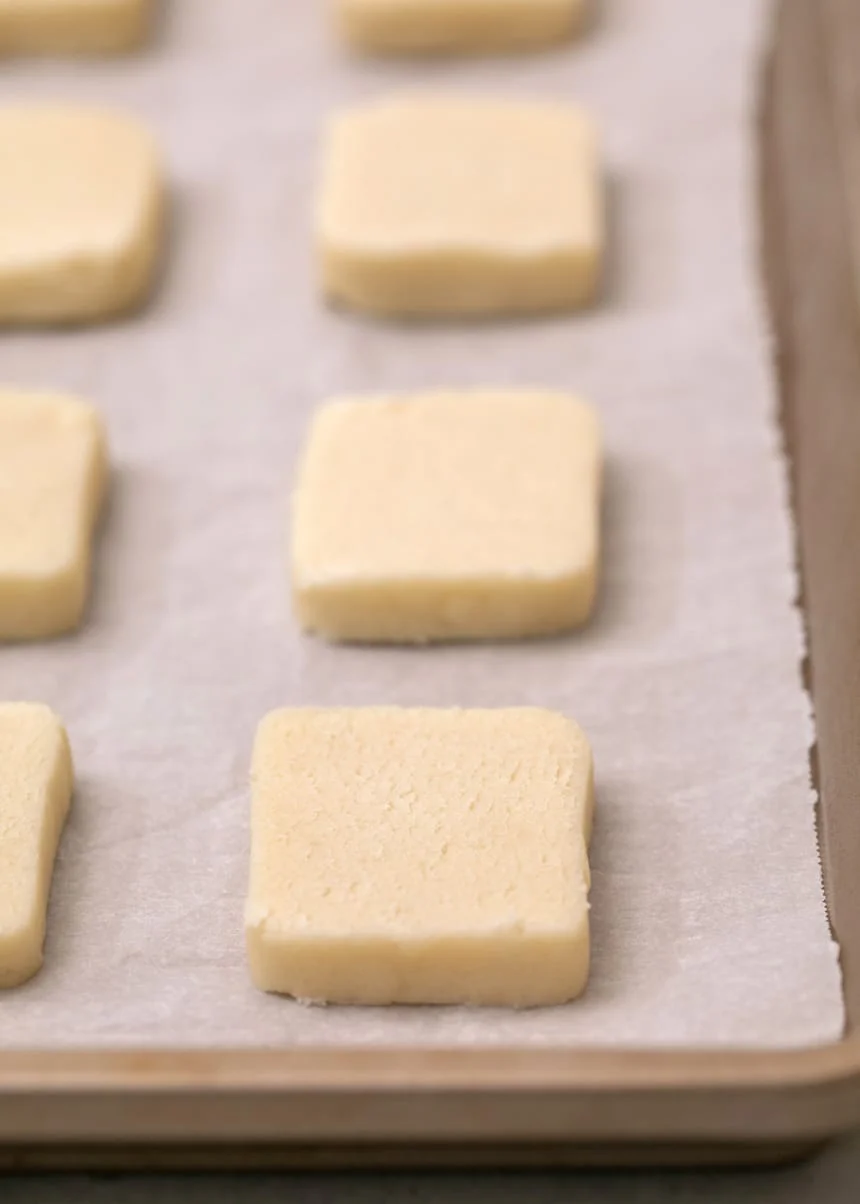 pain raw shortbread cookies on white paper on tray