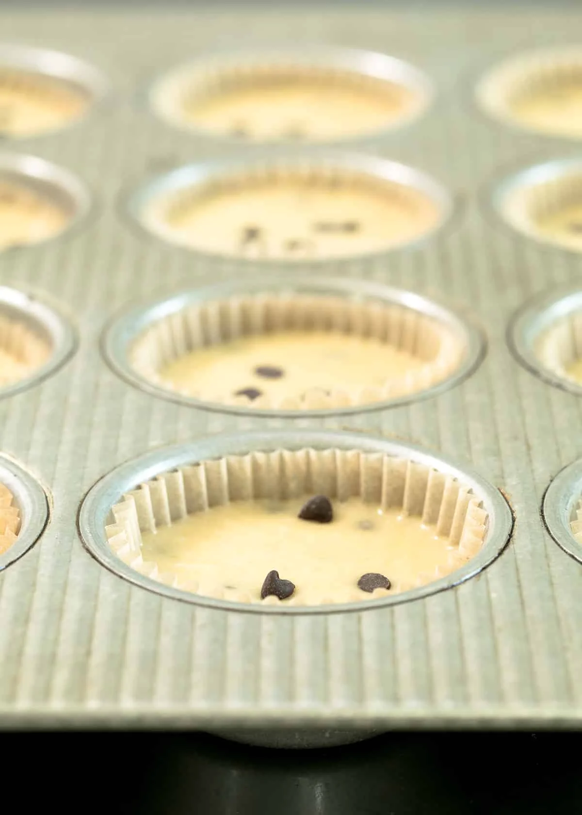 pale yellowish brown raw muffin batter with mini chocolate chips in lined wells of muffin tin