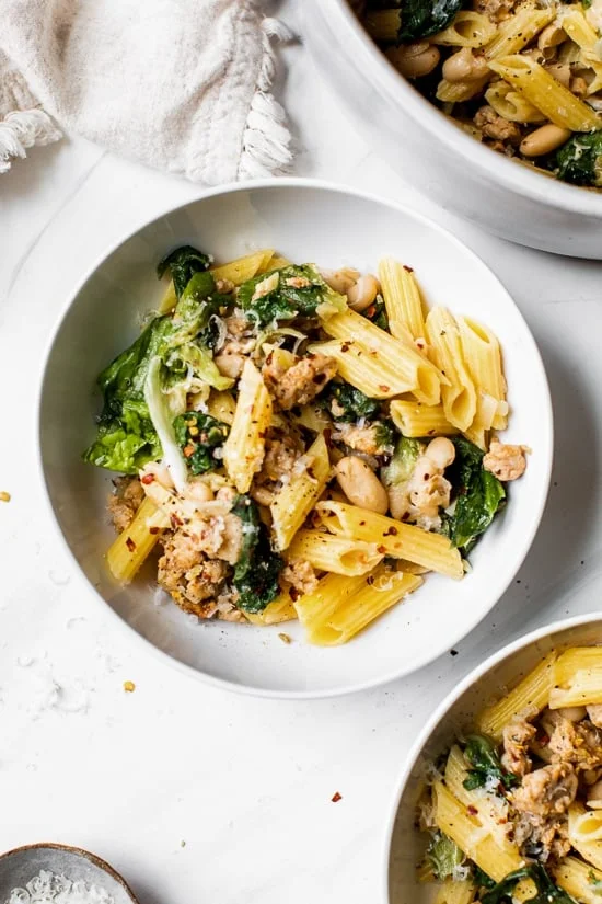 Pasta with Italian Chicken Sausage, Escarole and Beans