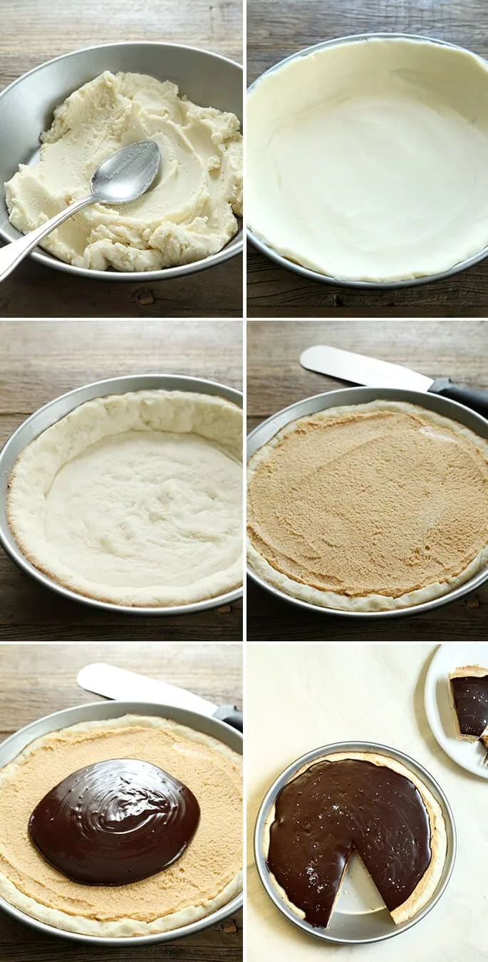 Peanut butter pie being assembled in pie dish