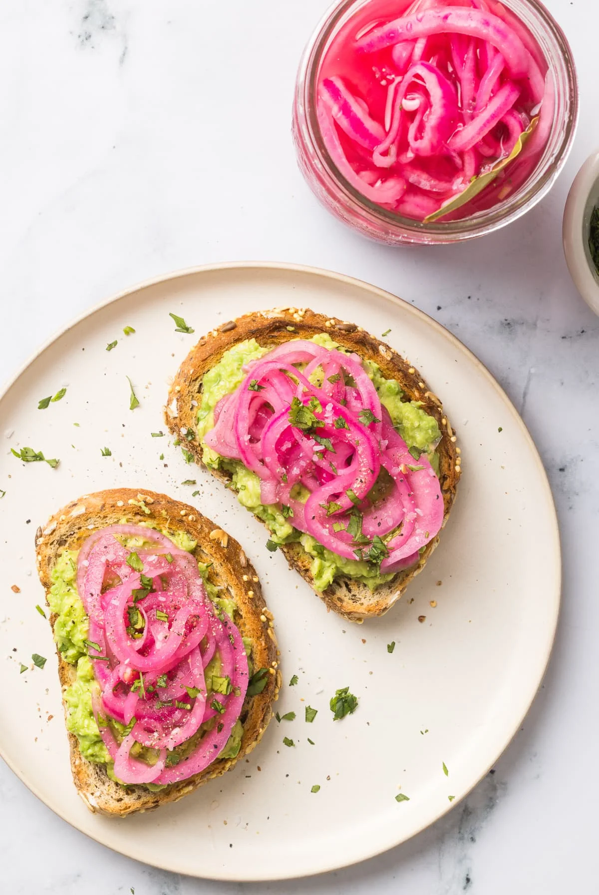 pickled red onions on avocado toast