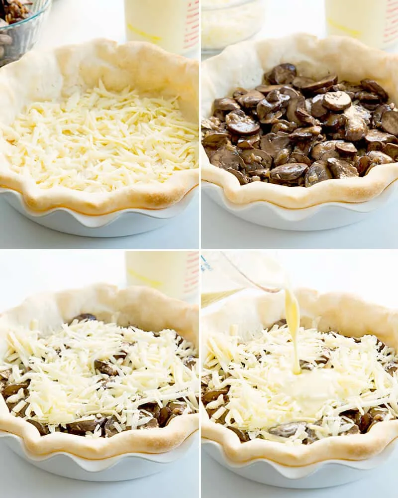 Pie crust with cheese, pie crust with mushrooms, pie crust with cheese and mushrooms, and pie curst with cheese mushrooms egg mixture being poured in 