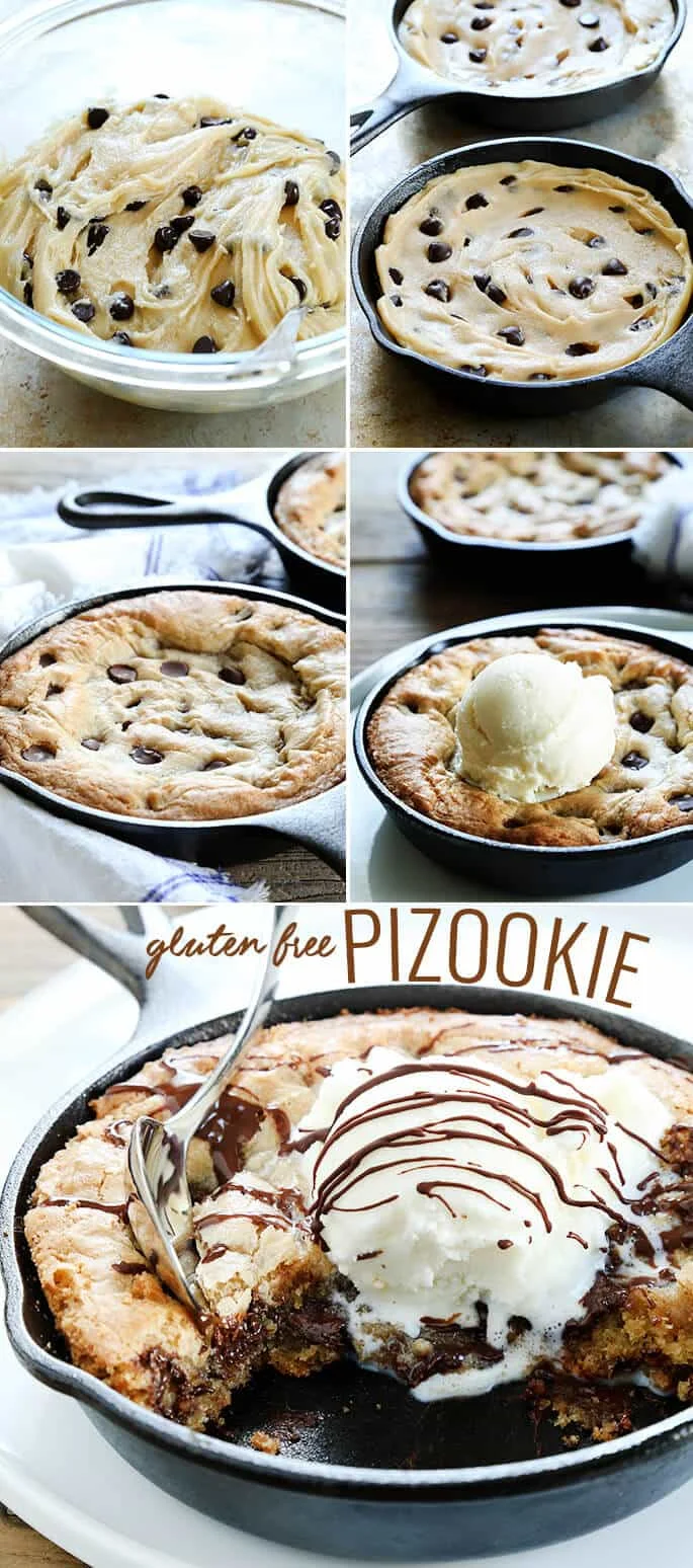 Pizookie in black skillet, pizookie in black skillet with ice cream, and pizookie in black skillet with ice cream and chocolate sauce 