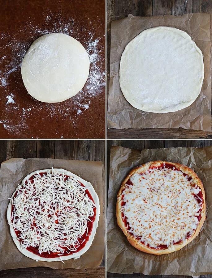 Pizza dough with sauce and cheese being put on top ad a pizza on brown surface