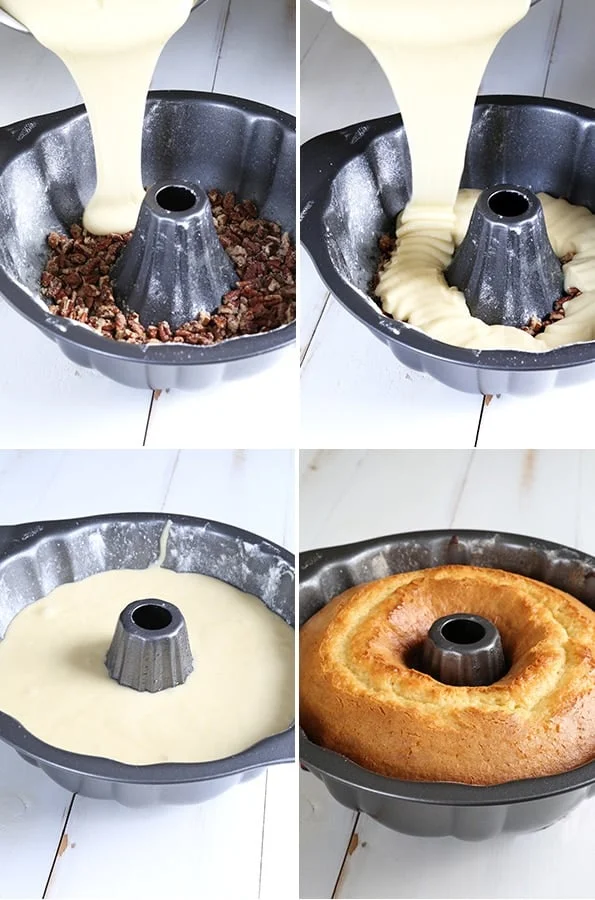 Pouring rum cake batter on top of sugared nuts in bottom of bundt pan and then the cake as baked
