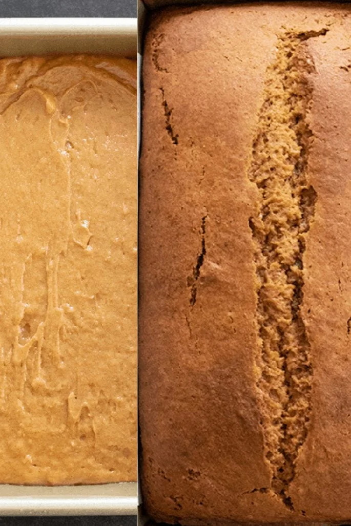 Raw and baked images of gluten free gingerbread loaf, pictured overhead.