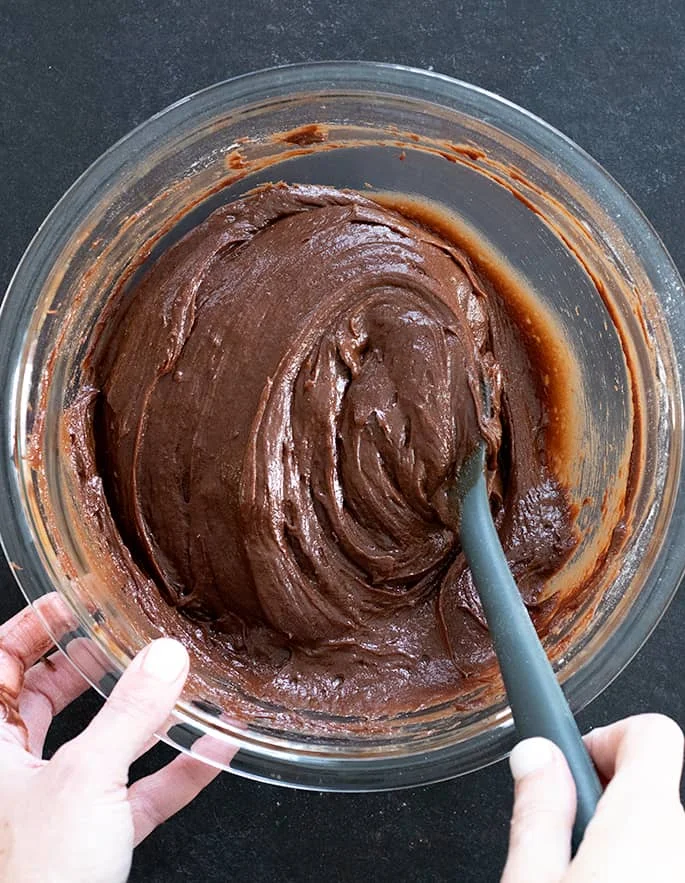 Raw batter in bowl for Hostess-style gluten free chocolate cupcakes.