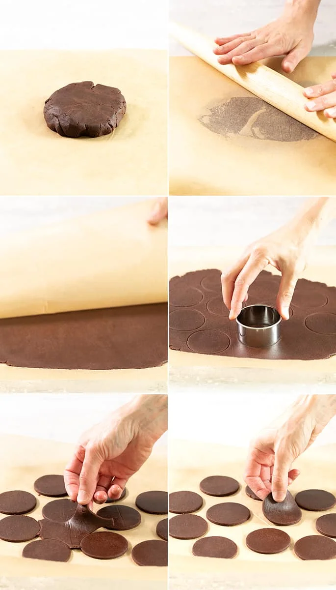 Raw dough for chocolate wafer cookies being rolled out, cut, and placed on a tray