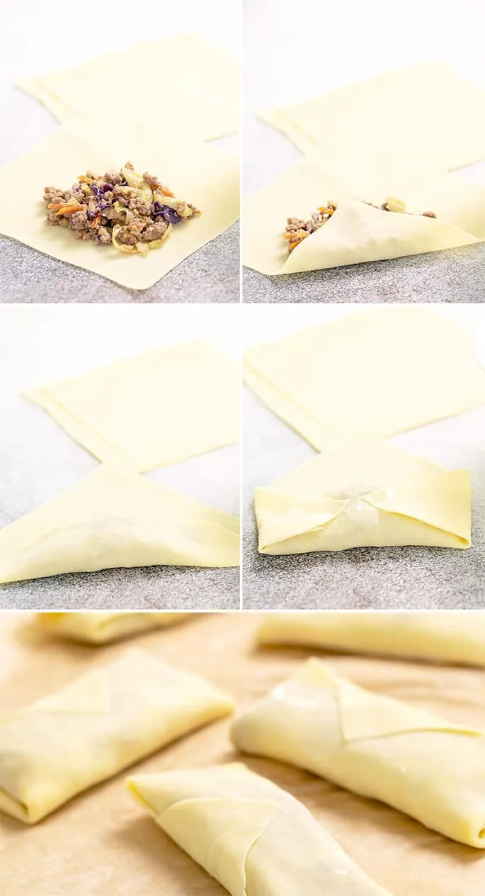 Raw egg roll wrapper open with filling on top, half folded, folded twice, sides tucked in, and fully wrapped
