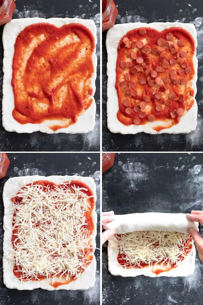 Raw gluten free pizza dough with sauce, with pepperoni, with cheese, and being rolled into a log.