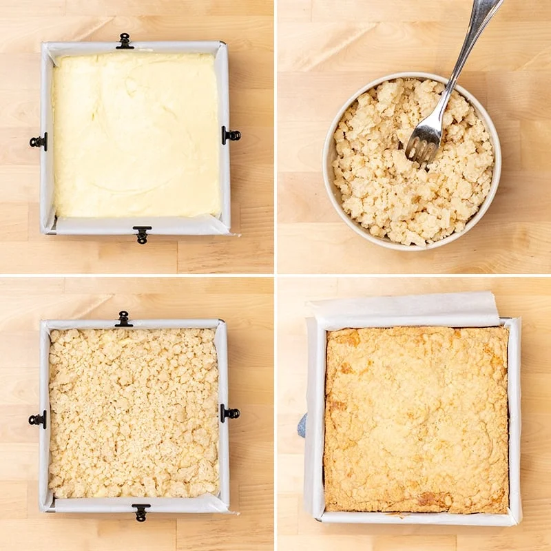 raw light yellow batter in square baking pan, with light brown crumble topping, and baked