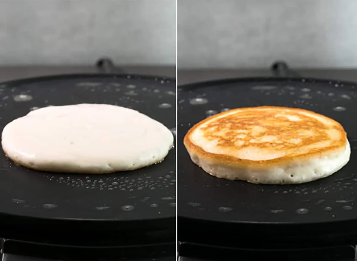 raw poured round pancake batter on a skillet next to the same pancake batter golden brown on the top, frying on the skillet