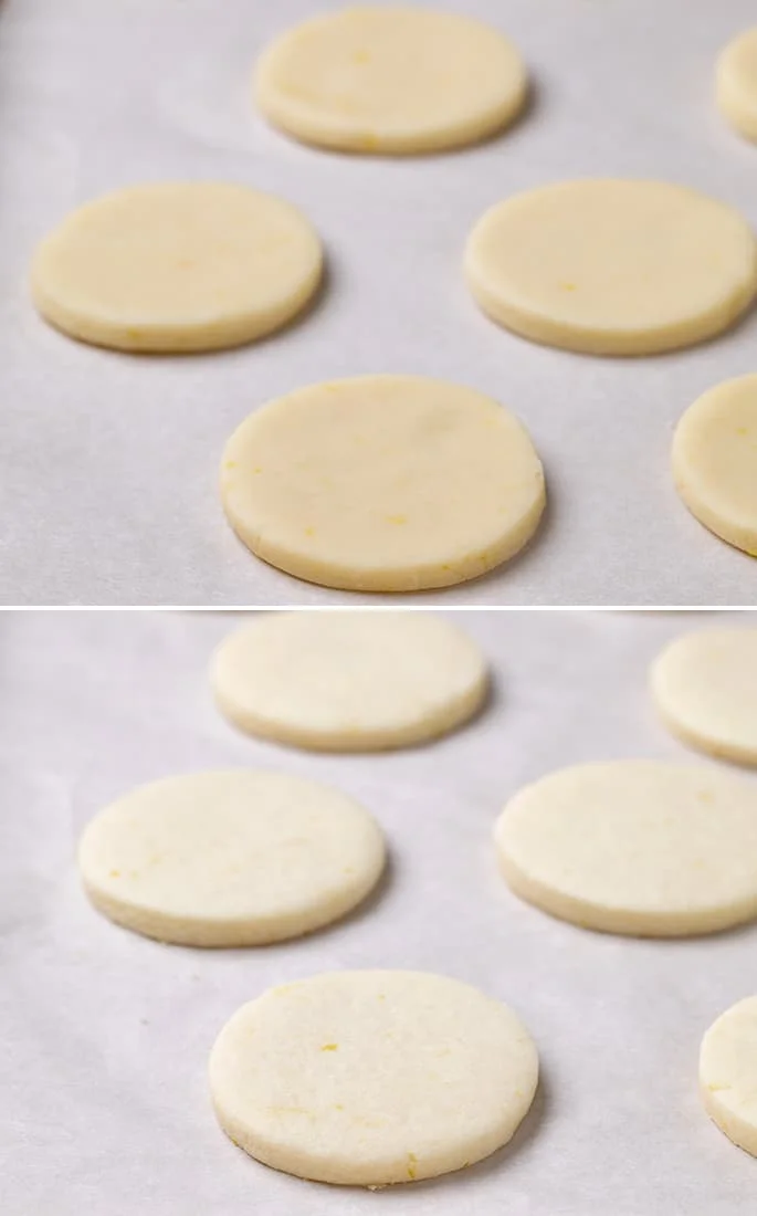 raw rounds of pale cookie dough with yellow flecks on white paper and baked rounds