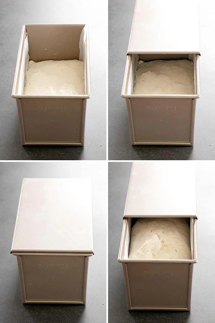 Raw white bread batter shown in pullman loaf pan.