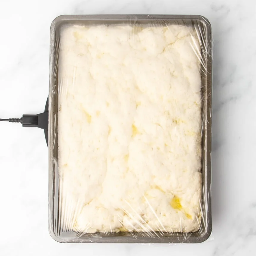 risen pale dough in same rectangular pan covered in plastic