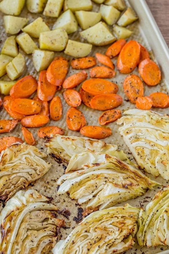 Roasted Corned Beef Vegetables on baking sheet
