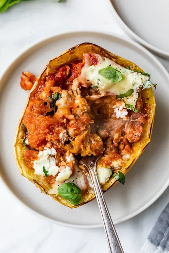 Roasted Spaghetti Squash on a white plate