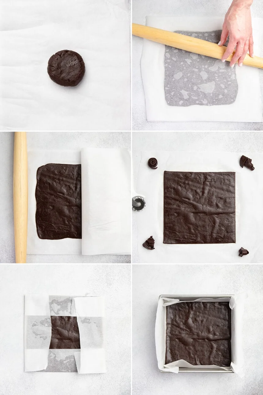 Rolling out and shaping ice cream sandwich dough with rolling pin and white parchment paper