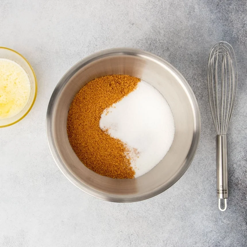 Round metal mixing bowl with brown graham cracker crumbs and white sugar, with a wire whisk next to the bowl on one side and yellow melted butter on the other side.