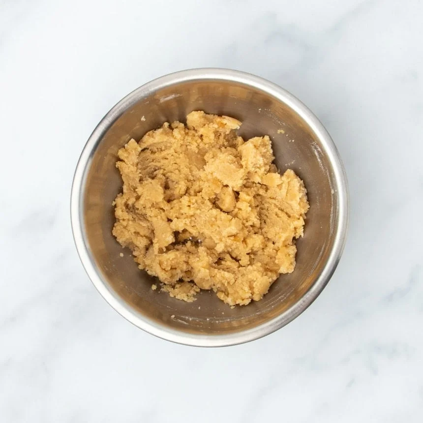 same bowl with ingredients mixed together into light brown clumps