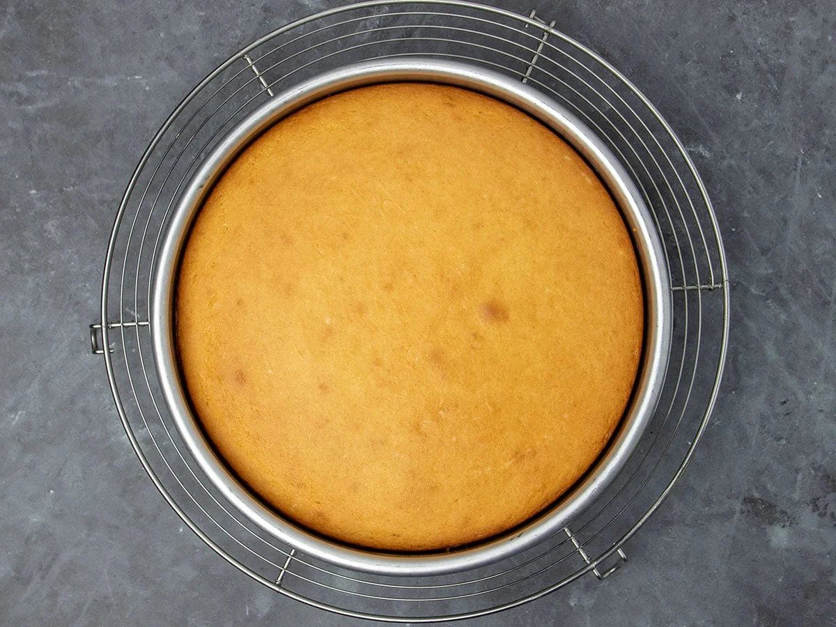 same cake pan with yellow-brown cake baked in it on round wire cooling rack
