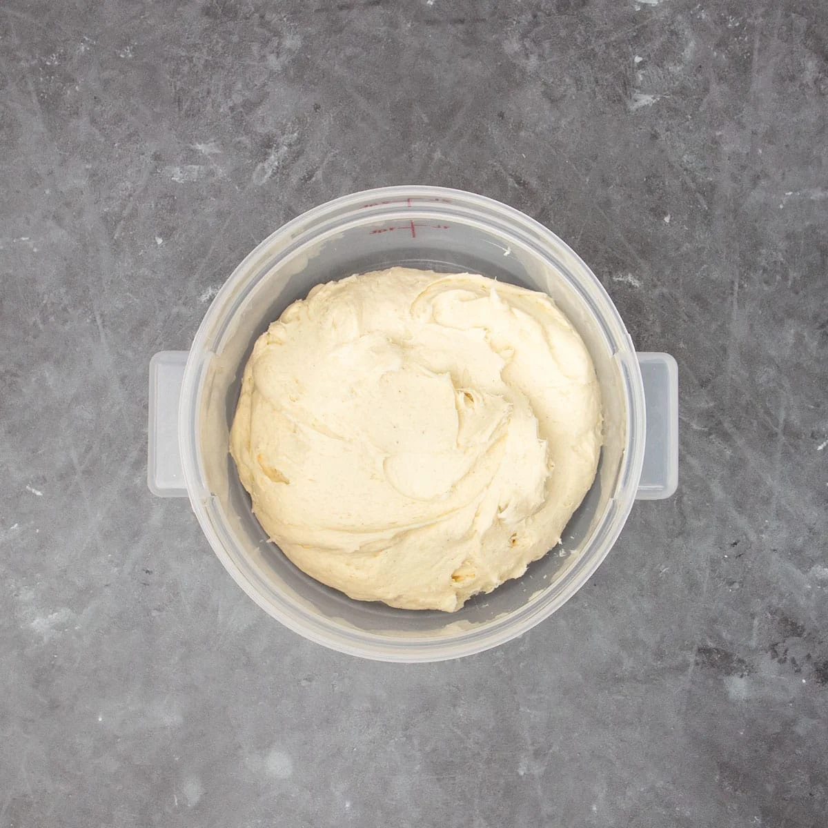 same pale dough in plastic Cambro bucket without lid