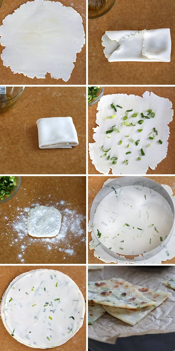 Scallion pancake dough on wooden surface 