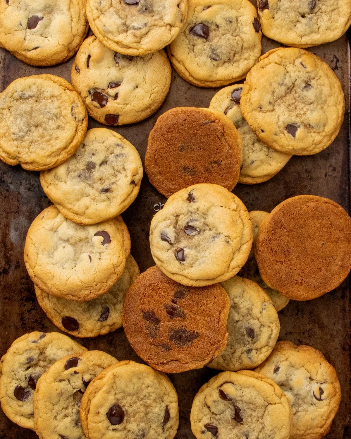 scattered light brown gluten free chocolate chip cookies with golden edges on dark brown baking sheet, made with xanthan gum substitutes