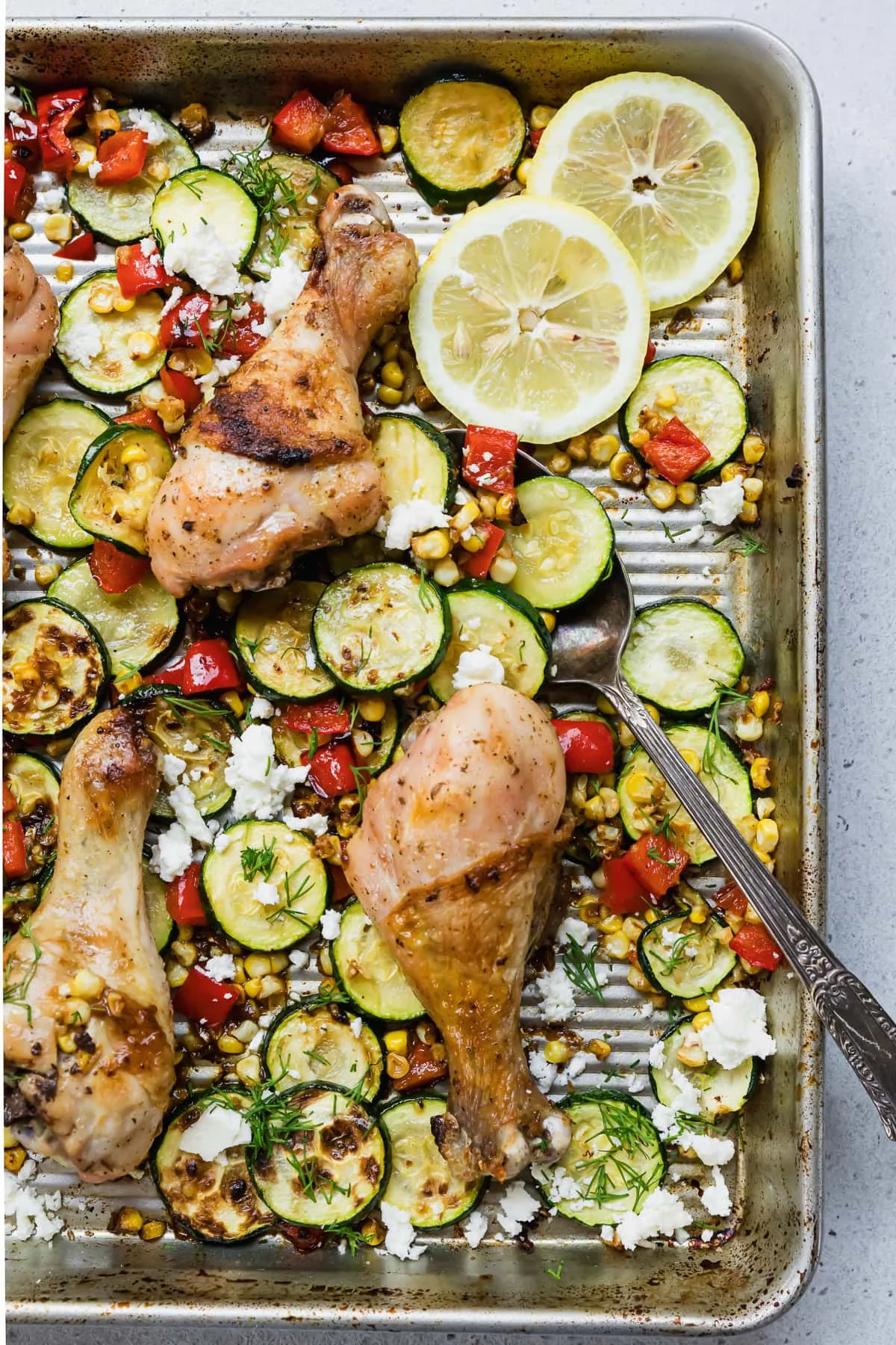 Sheet Pan Chicken Drumsticks with Zucchini and Corn