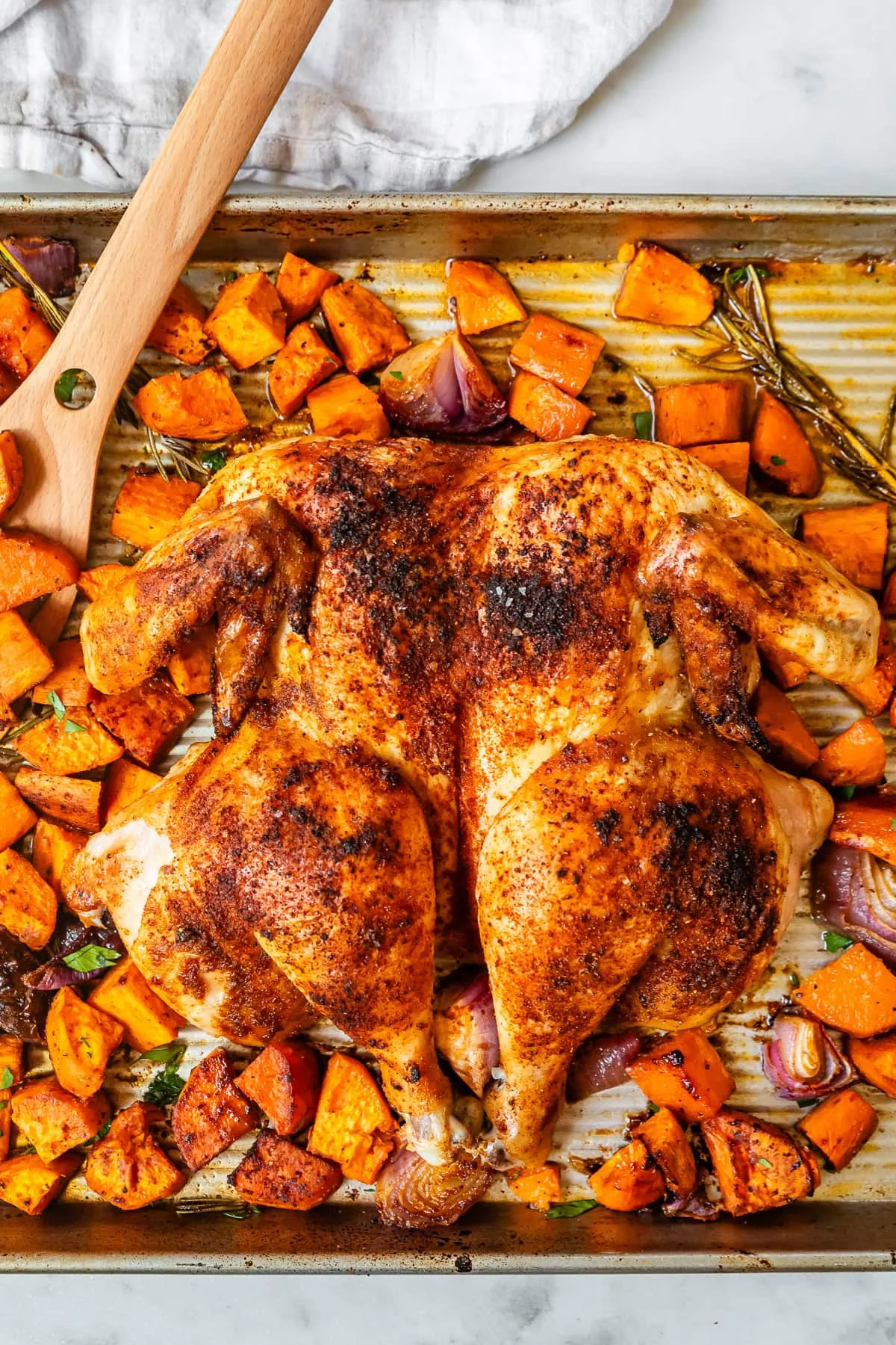 Spatchcock Chicken with Sweet Potatoes