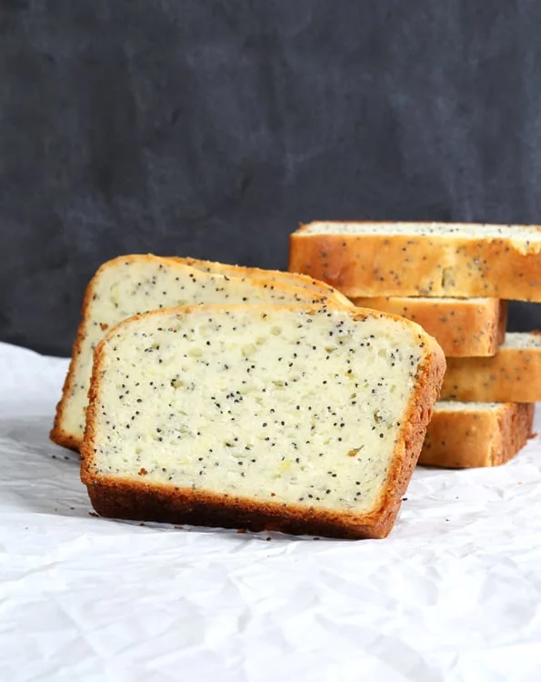 Slices of gluten free lemon poppyseed bread.