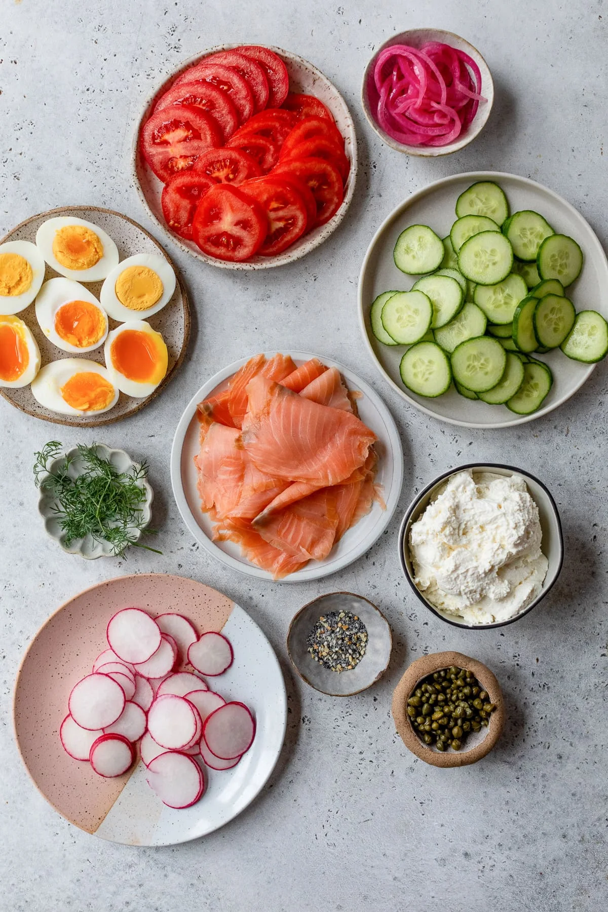 Smoked Salmon, cucumbers, eggs and cream cheese