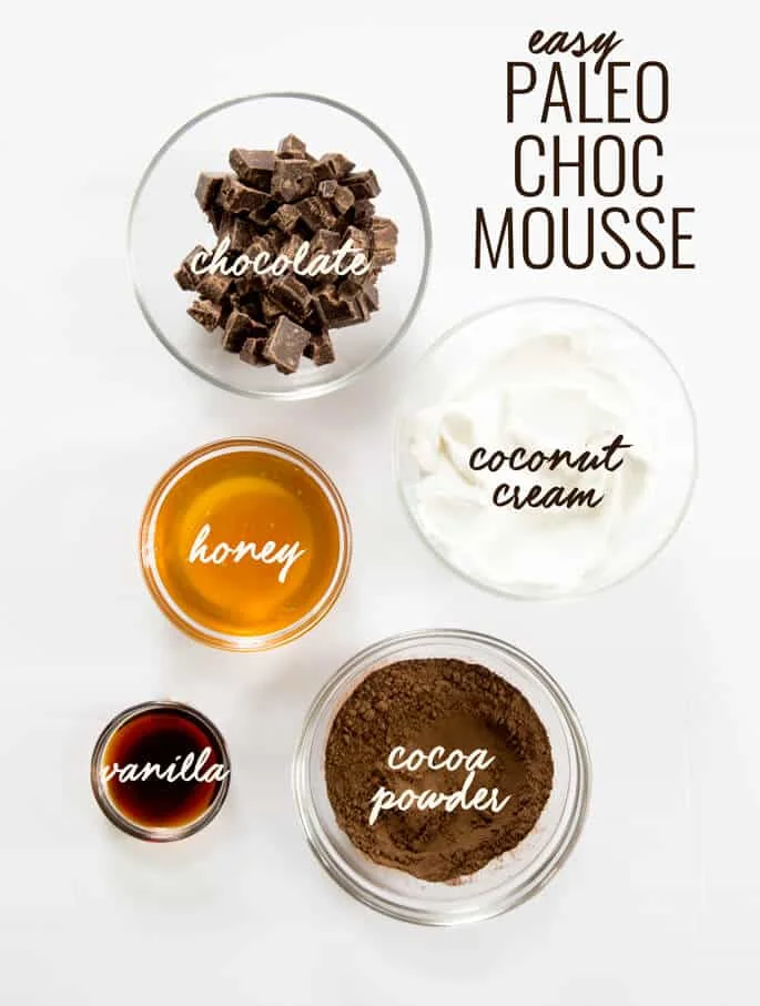 Smooth and creamy Paleo chocolate mousse, made with chocolate, coconut cream, cocoa powder, honey and vanilla. Just blend it and let it set. So rich delicious! https://glutenfreeonashoestring.com/