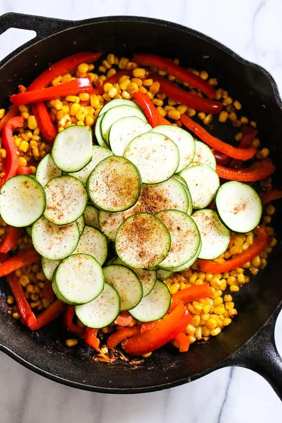 Southwest Chicken Skillet with Corn and Zucchini is the perfect veggie-loaded dinner made all in one pot!